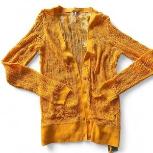 Free People Beach Cardigan Marigold Yellow Open Knit Pockets Button Front NWOT